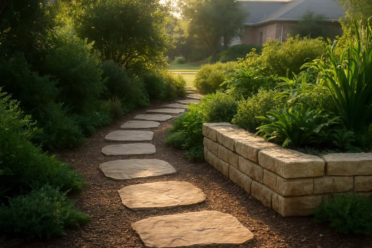 Garden path with limestone planter wall