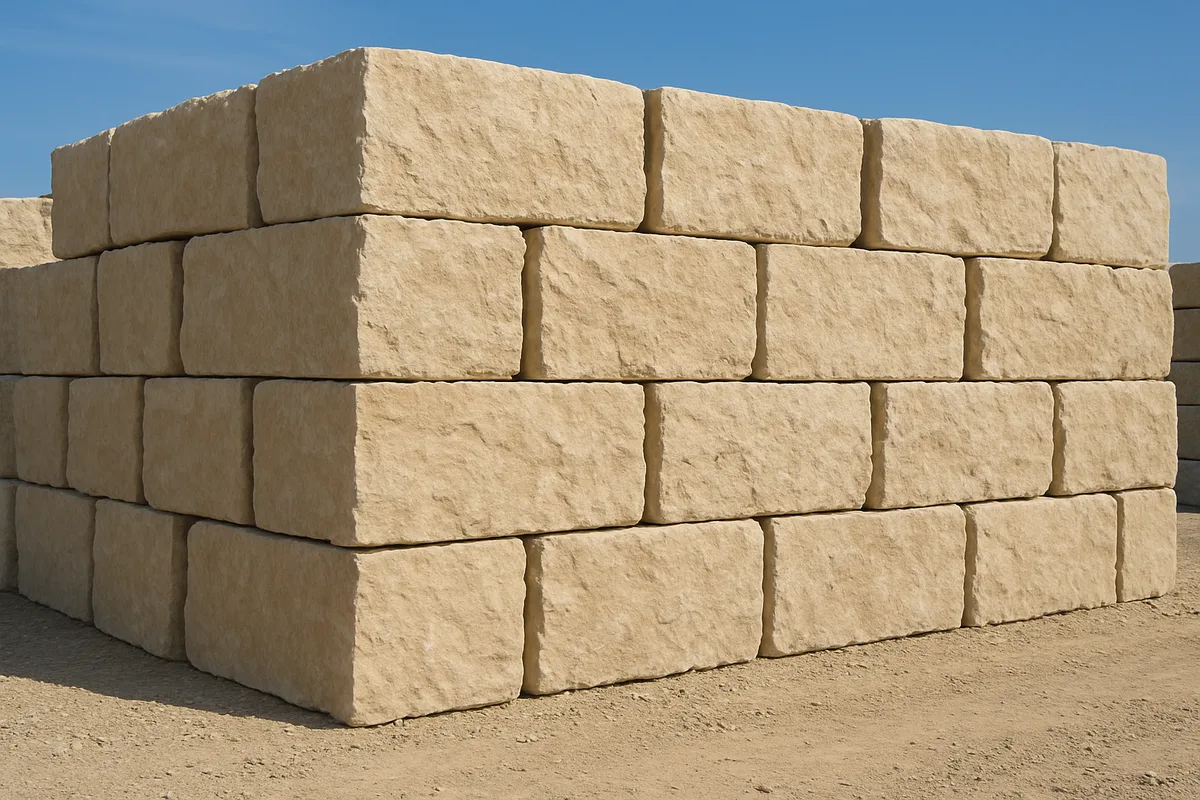 Stacked limestone retaining wall blocks