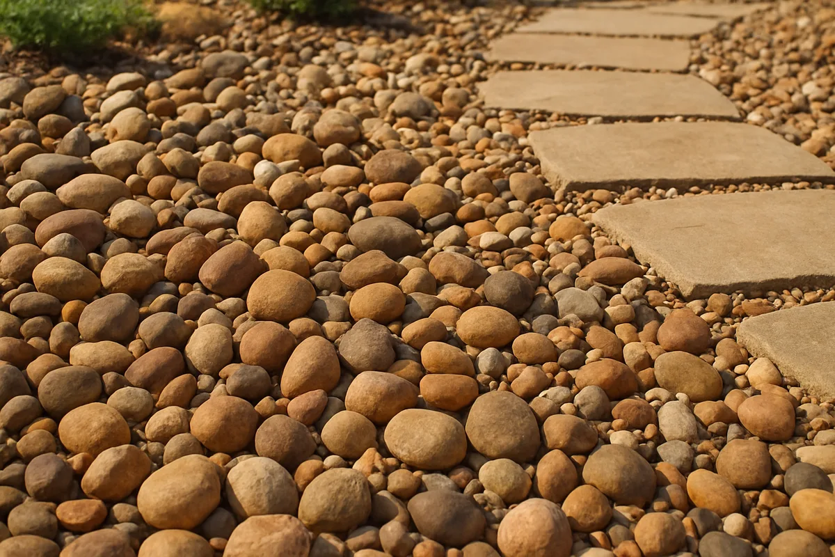 Decorative pebbles and gravel in a garden bed