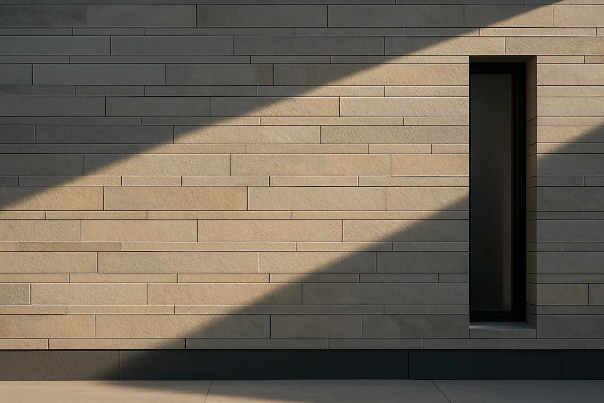 Modern home exterior with linear stone cladding
